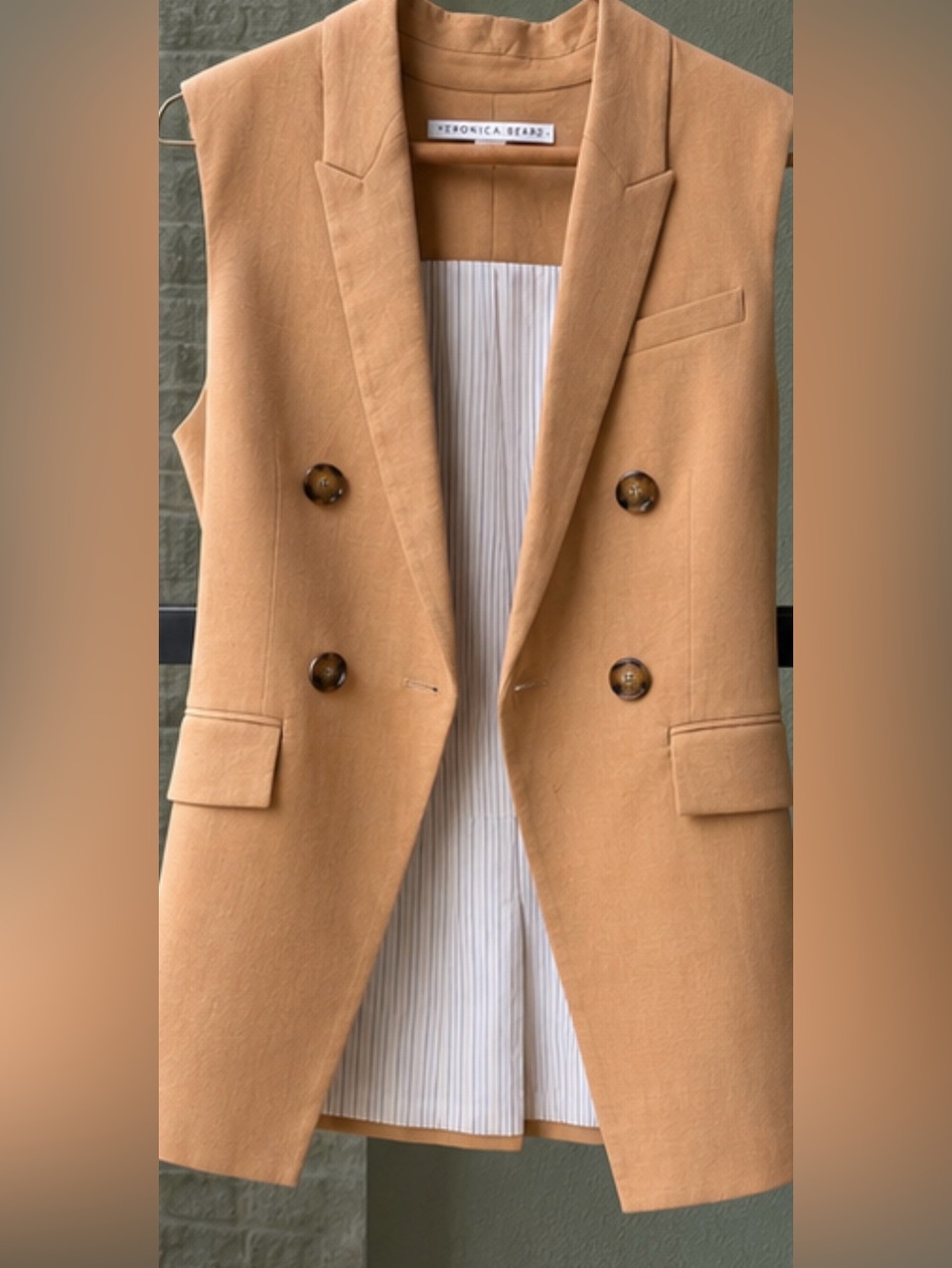 Veronica Beard Tan Double-Breasted Sleeveless Blazer